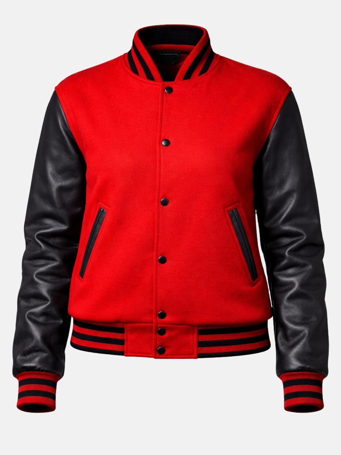 Woman wearing a red varsity jacket with black leather sleeves and striped trims