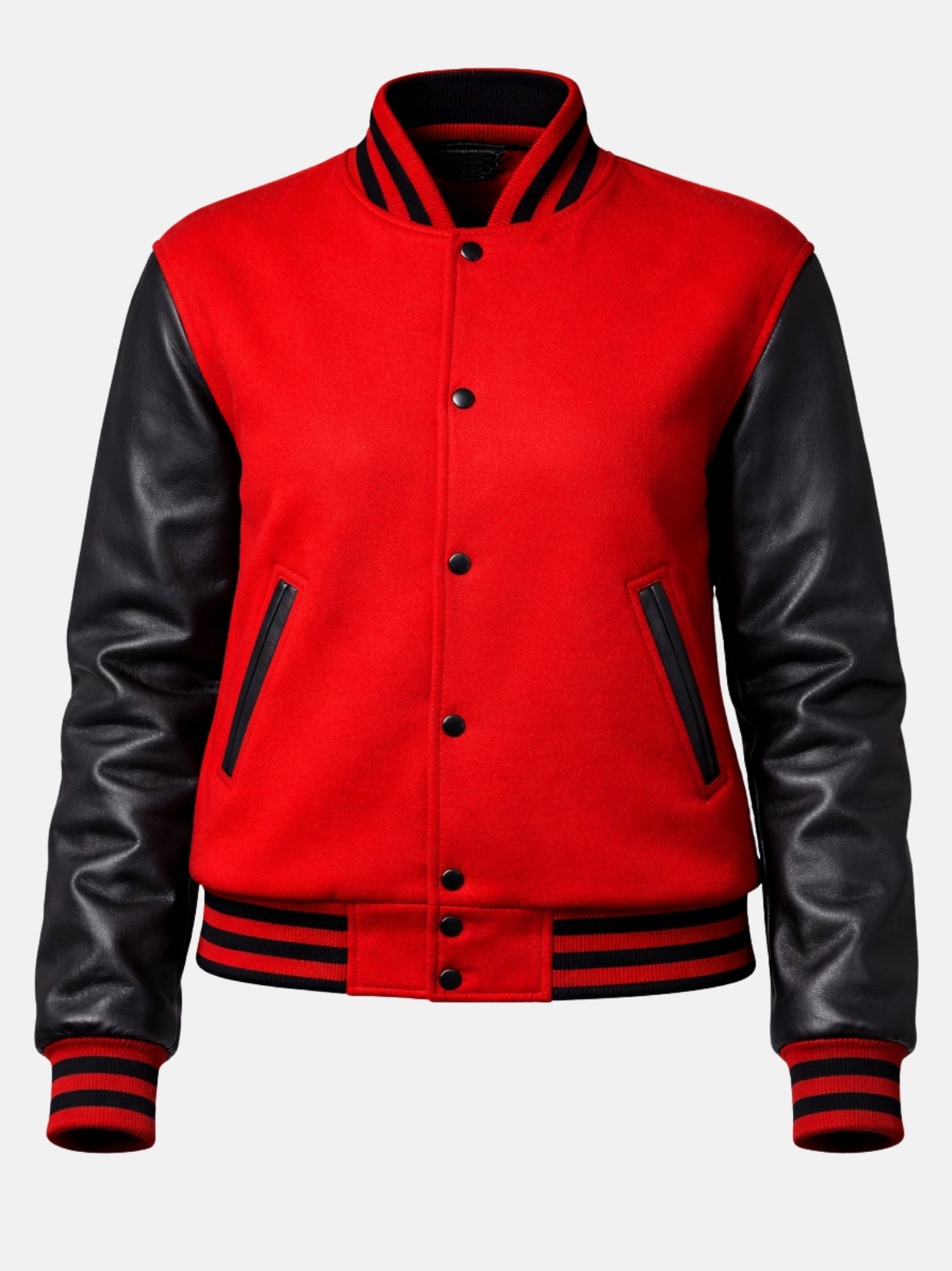 Red varsity jacket flat front with black snaps and black-trimmed welt pockets