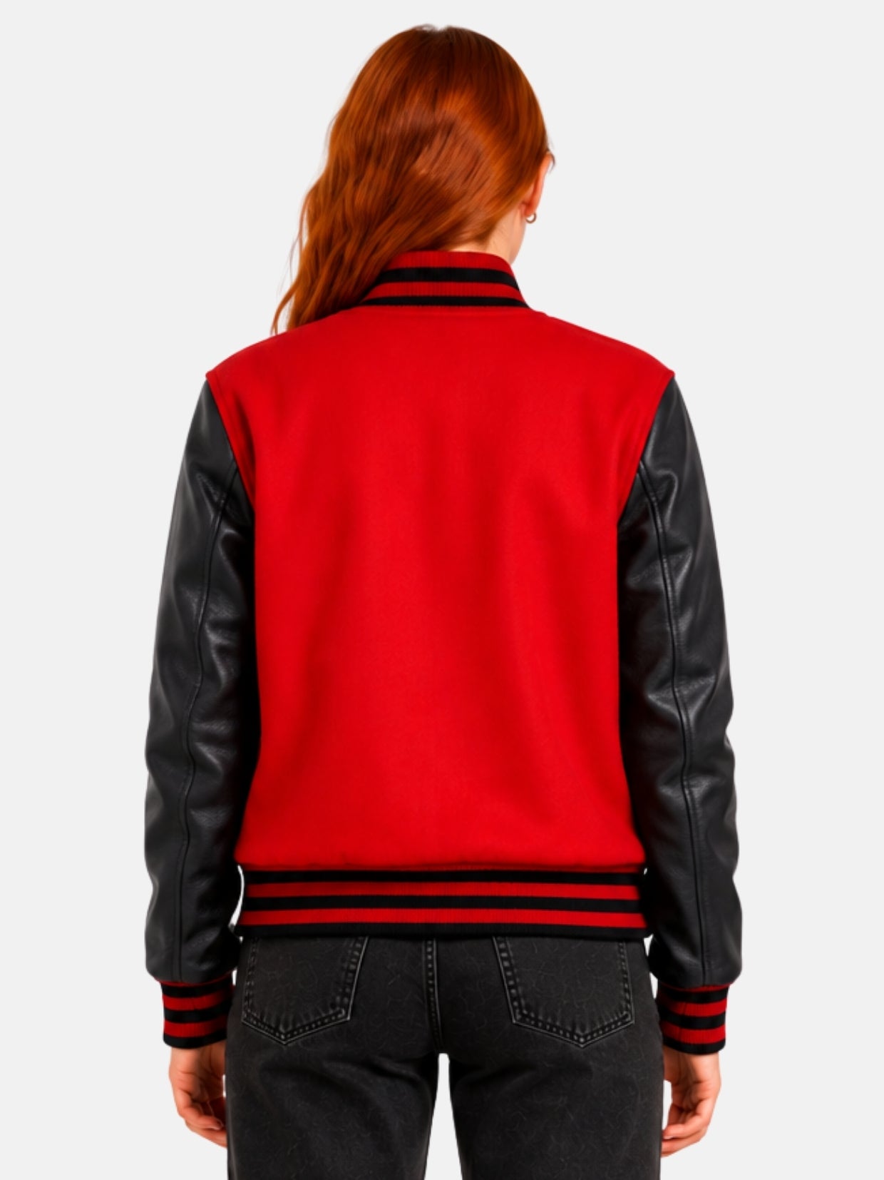 Back view of womens red varsity jacket with black sleeves and clean back panel