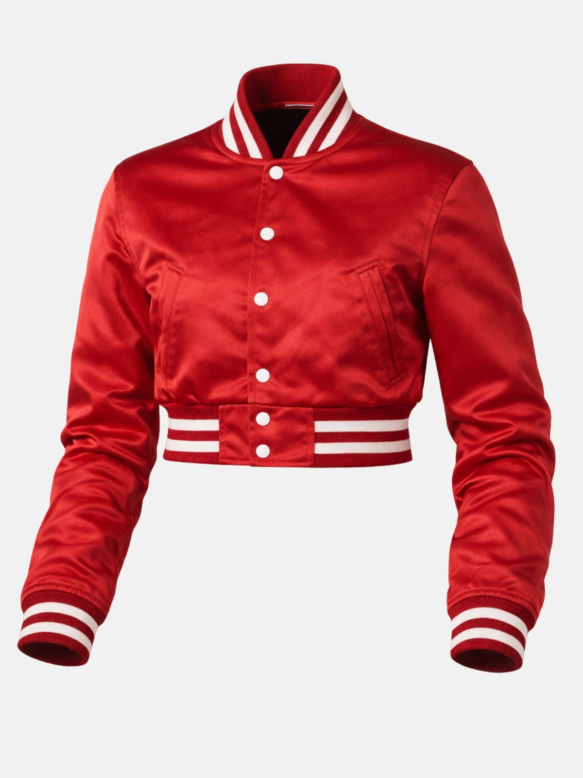 Flat lay, three-quarter side angle, sleeve bent to show the ribbed cuff and piped pocket together