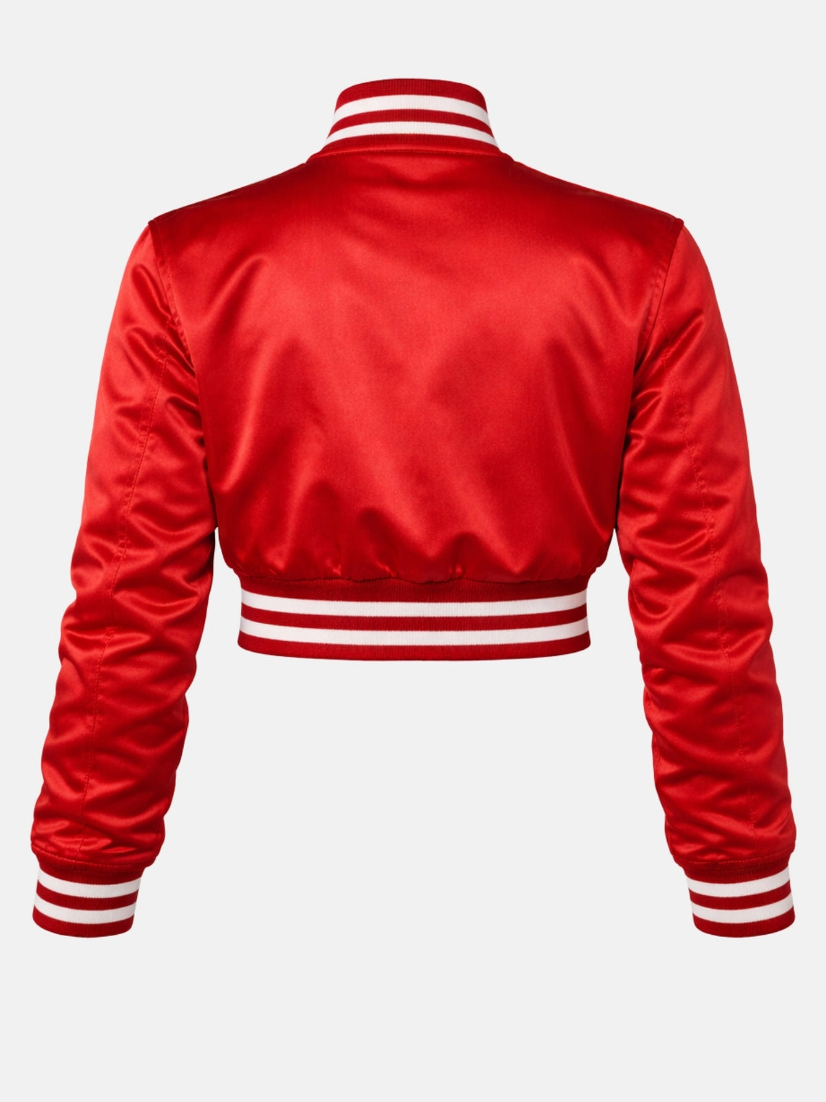 Flat lay, back, solid red satin panel catching light across the shoulders