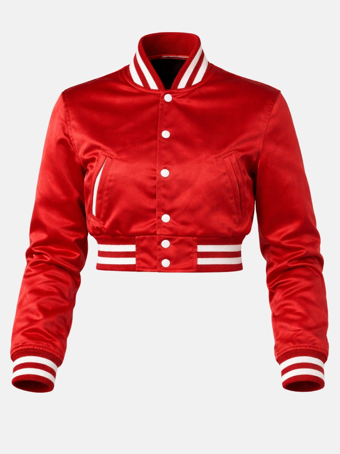 Model wearing the red satin varsity jacket snapped to the neck, white ribbed collar stripe framing the face