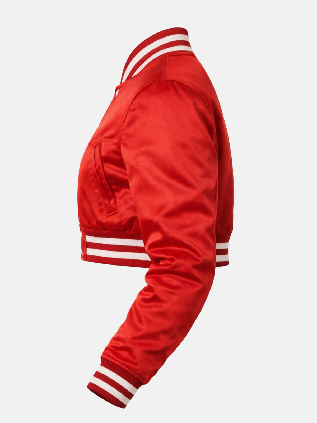 Flat lay, straight side profile, sleeve extended showing the satin's drape from shoulder to hem