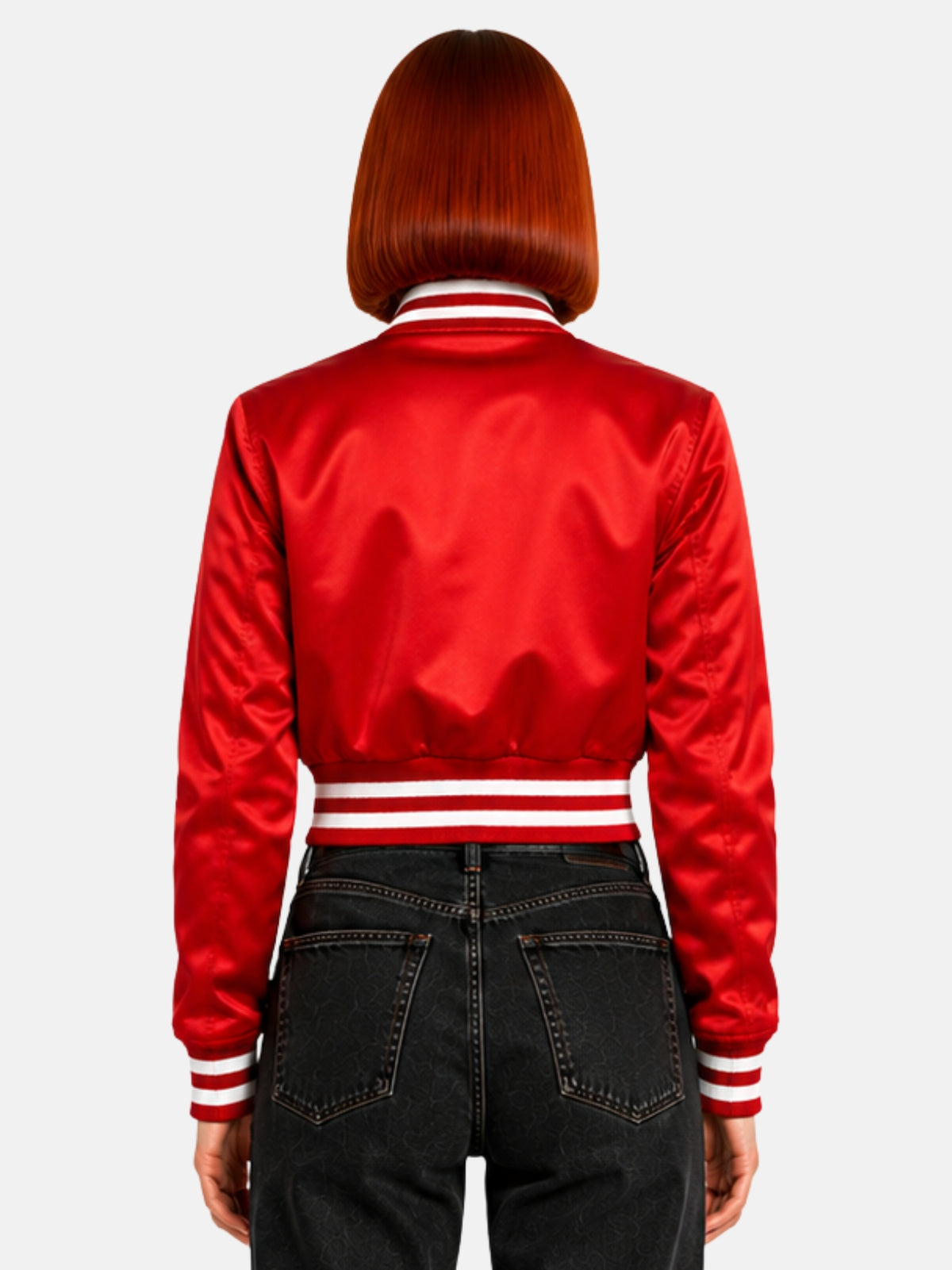 Back view of model showing the uninterrupted red satin panel and ribbed waistband stripe