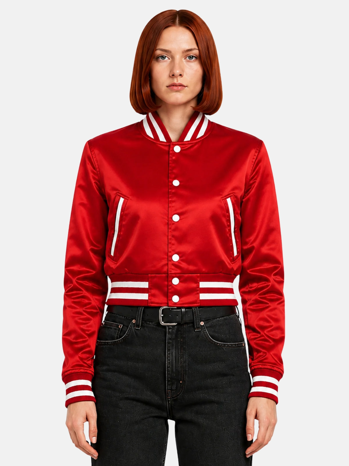 Model wearing the red satin varsity jacket snapped to the neck, white ribbed collar stripe framing the face