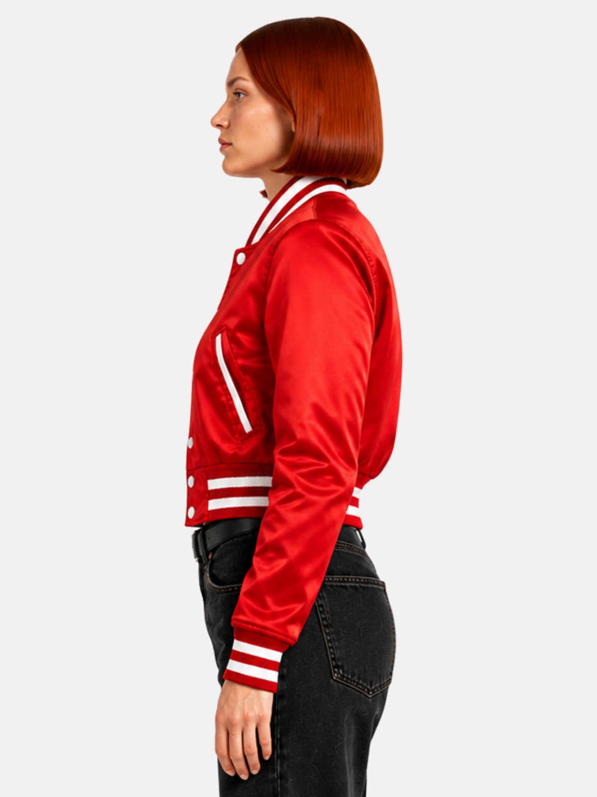 Side profile of model showing the white-piped welt pocket against the red satin body