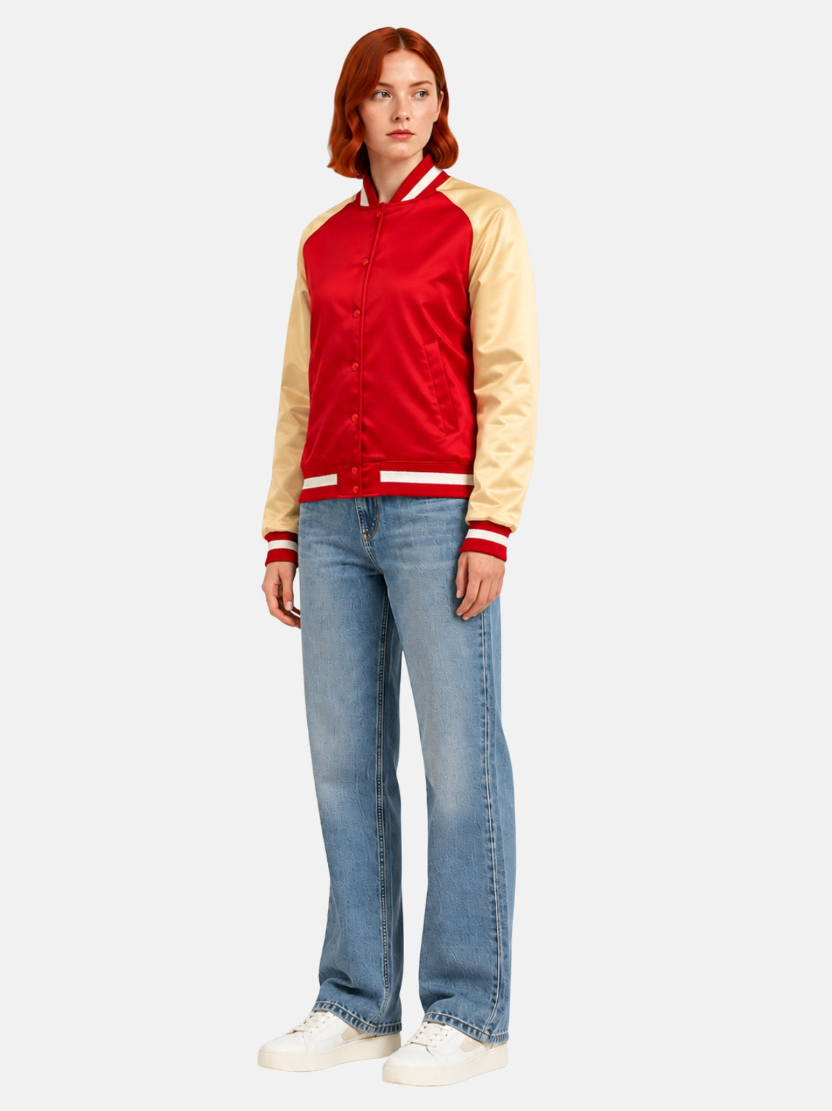 Angled full-body view of red and gold satin varsity jacket
