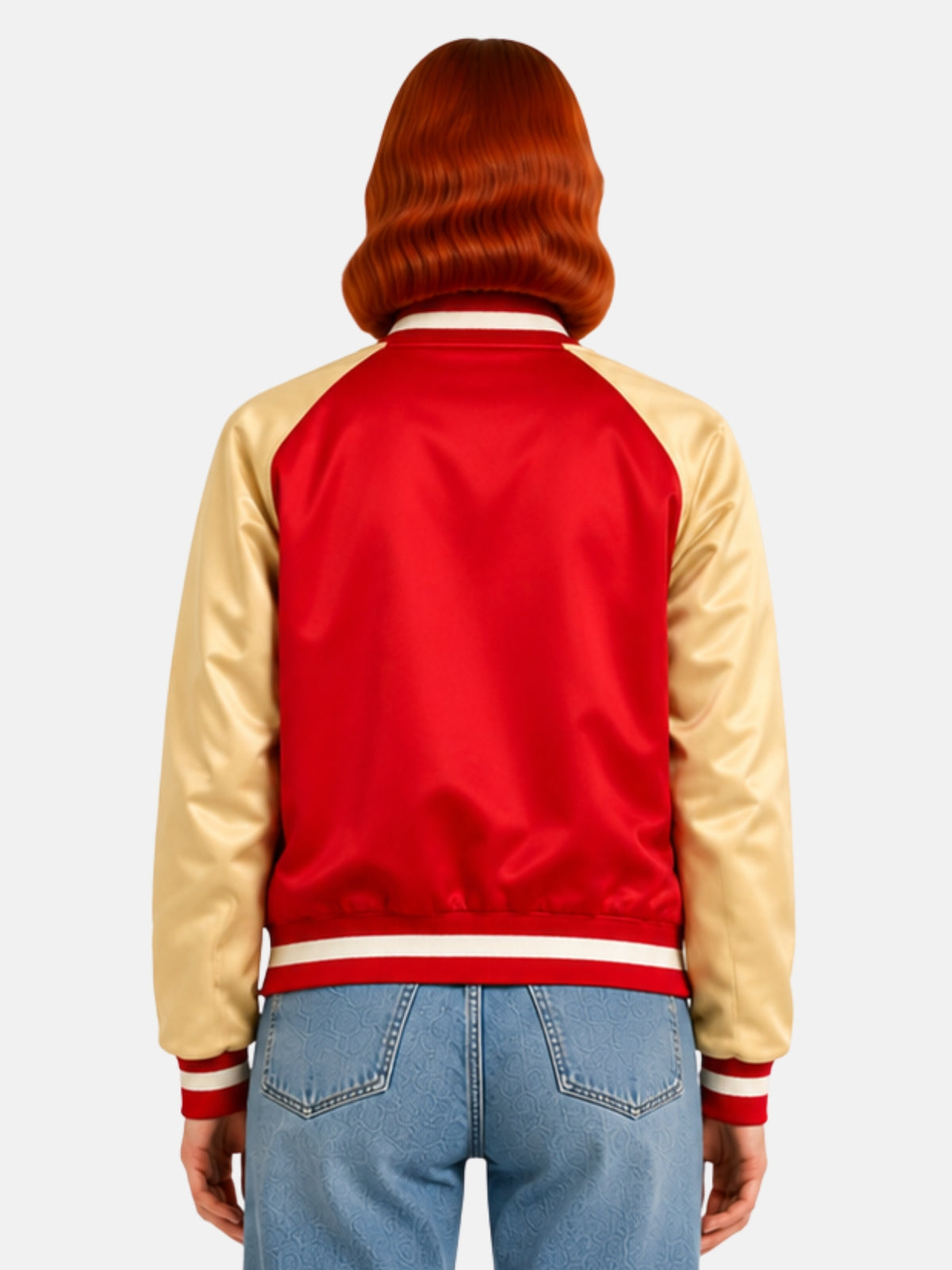 Back view of red and gold satin varsity jacket with ribbed trim