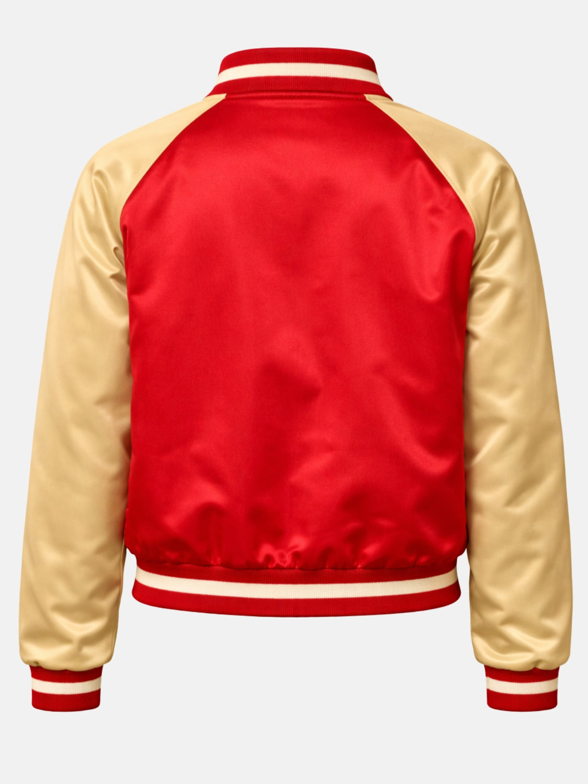 Flat lay back of red and gold satin jacket showing raglan seam