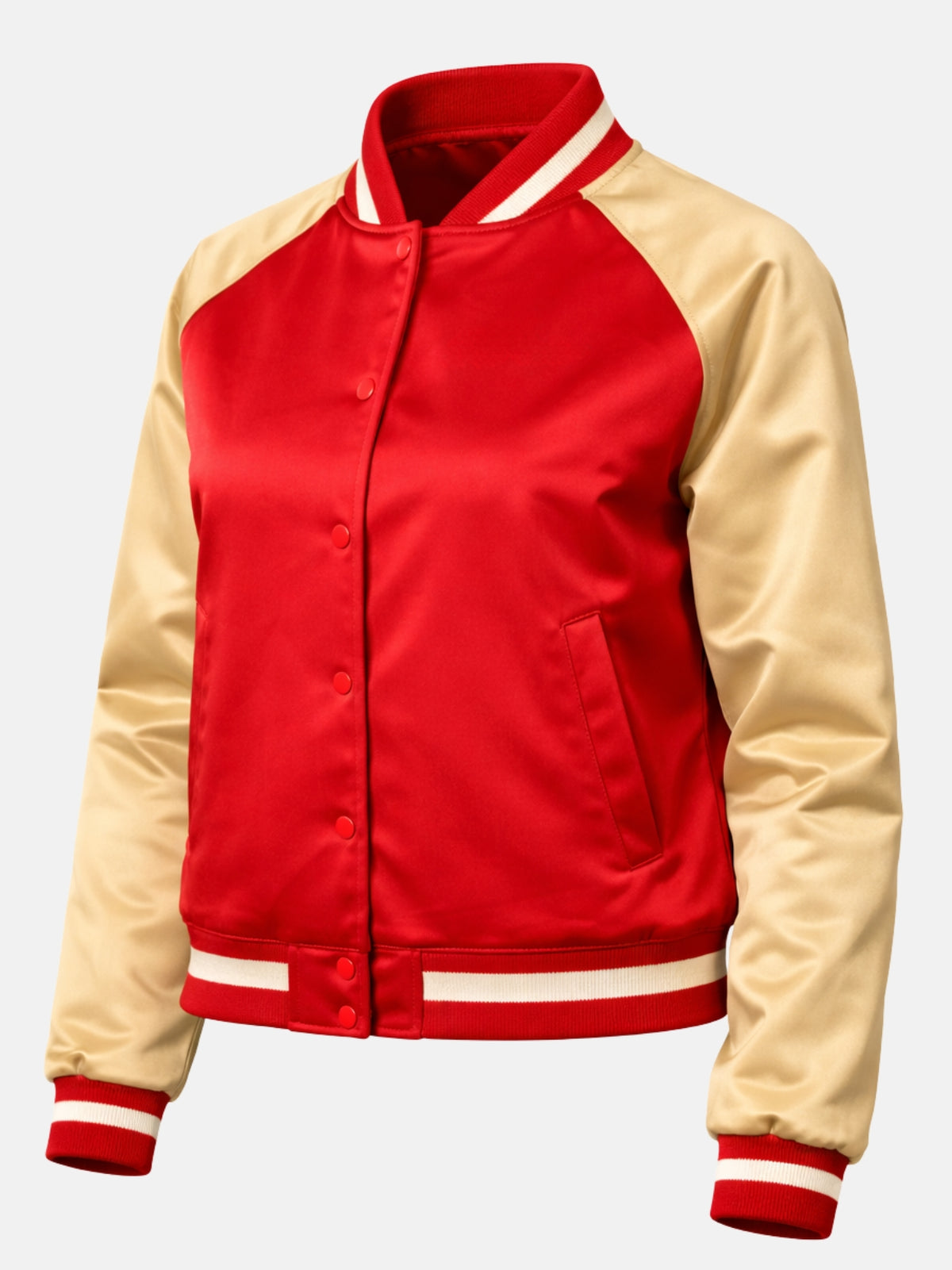 Flat lay front of red and gold satin jacket highlighting ribbed waistband