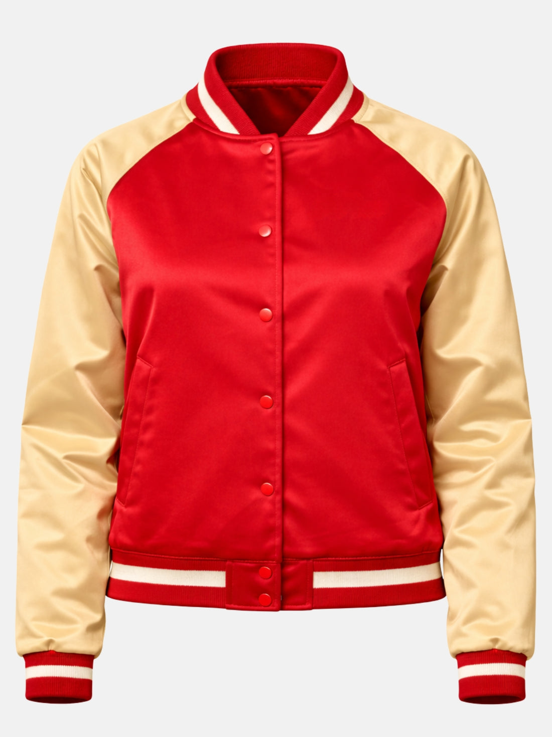 Red satin varsity jacket with gold raglan sleeves and ribbed collar