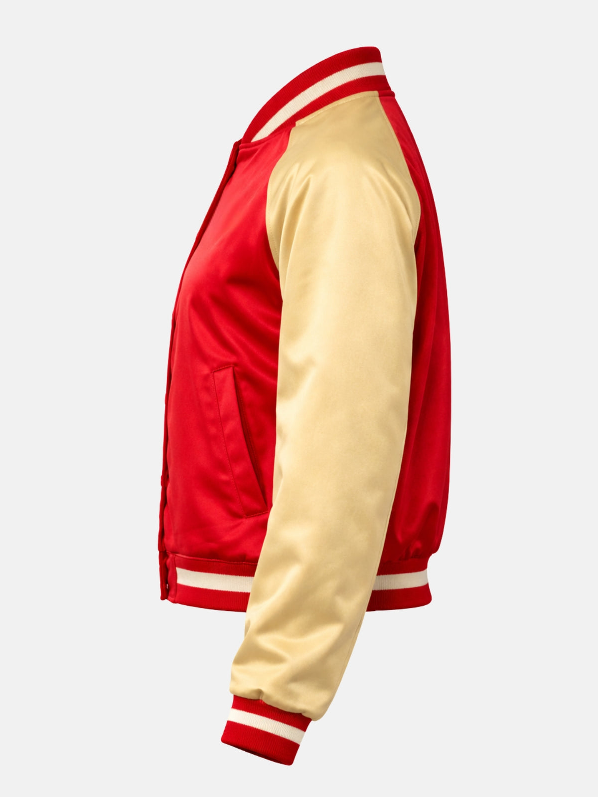Flat lay side view of red satin jacket with gold sleeve and welt pocket