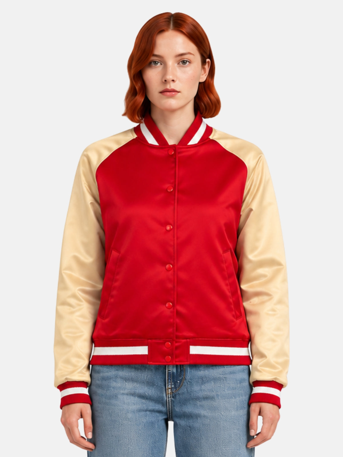 Red satin varsity jacket with gold raglan sleeves and ribbed collar