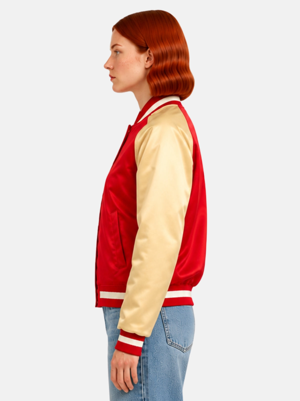 Side profile of red satin jacket showing gold raglan sleeve