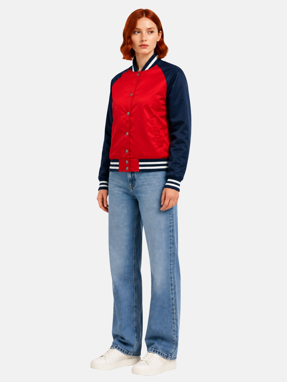 Angled full-body view of red and navy satin varsity jacket