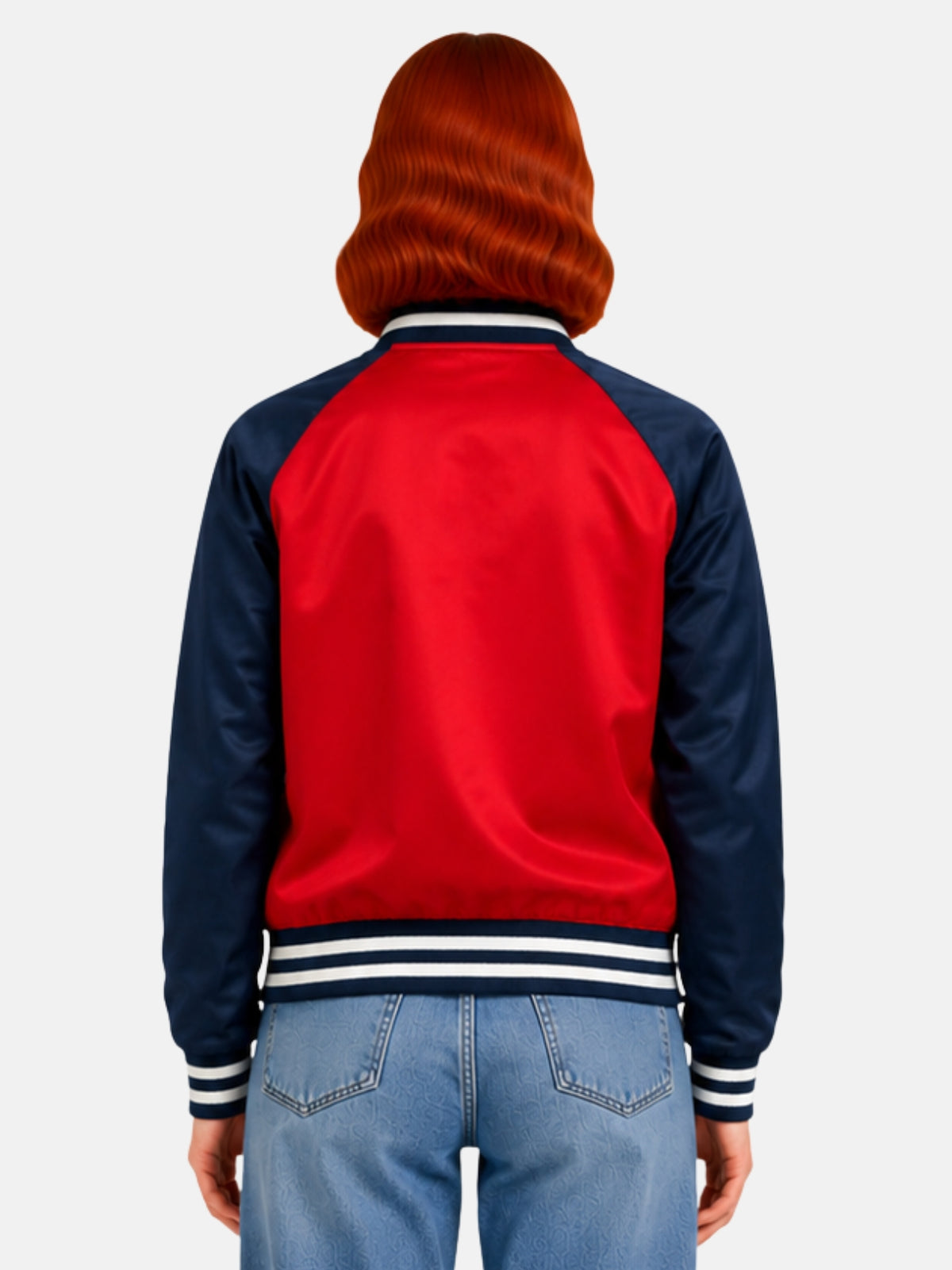 Back view of red and navy satin varsity jacket with ribbed trim