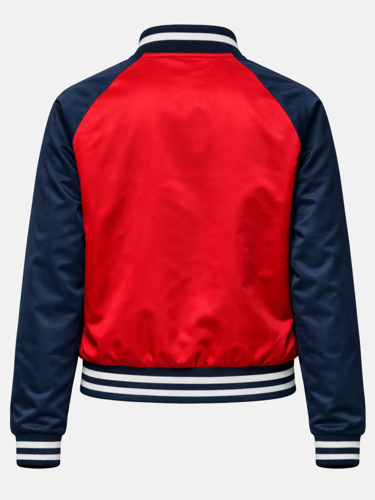 Flat lay back of red and navy satin jacket showing raglan seam