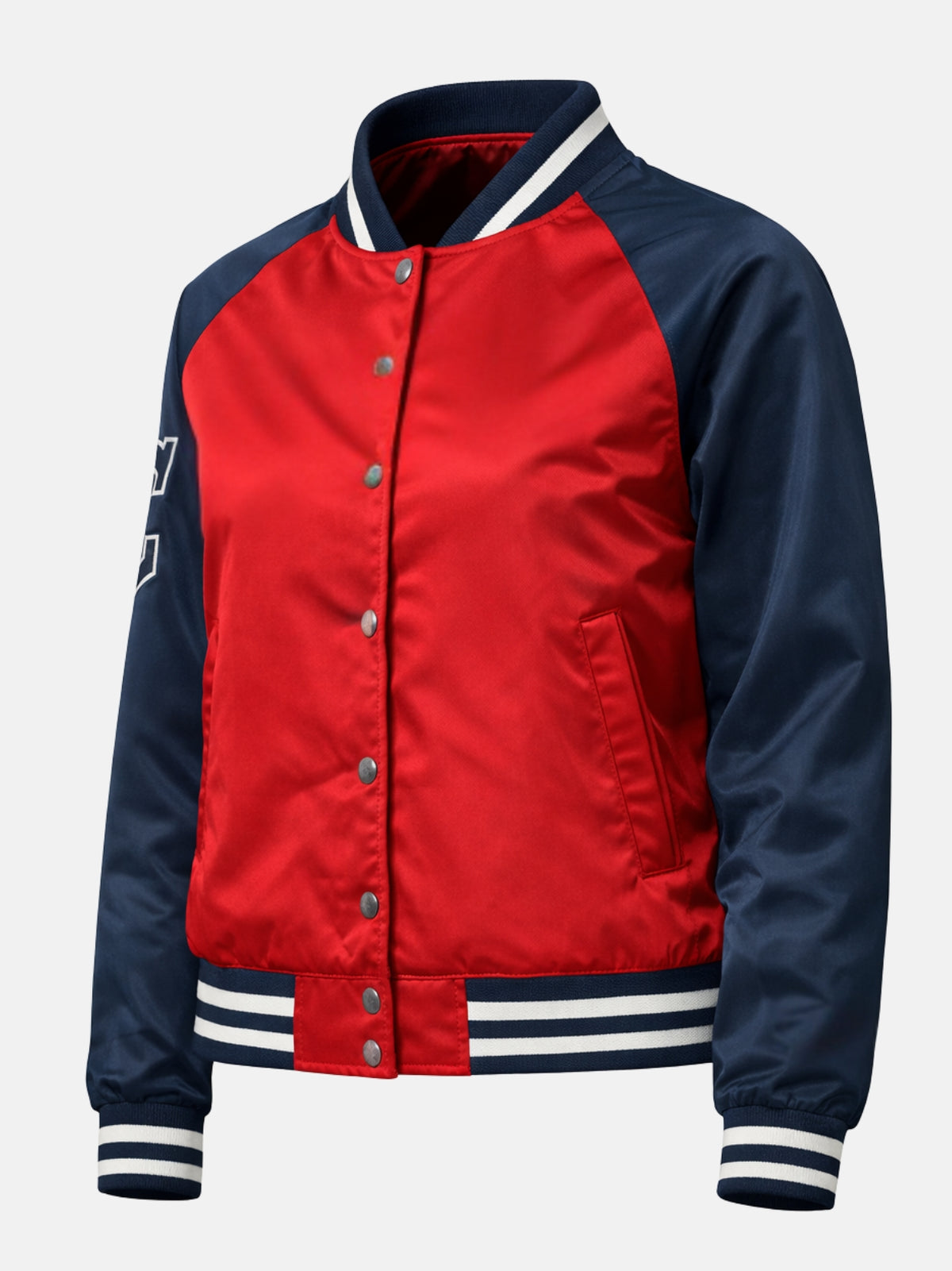 Flat lay front of red and navy satin jacket highlighting sleeve embroidery