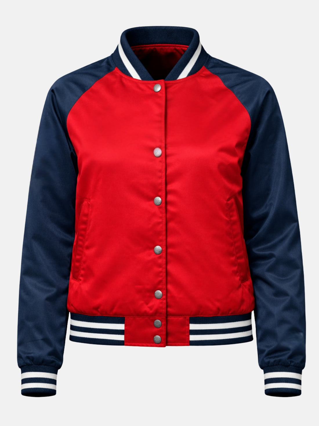 Red and navy satin varsity jacket with ribbed collar and snap closure