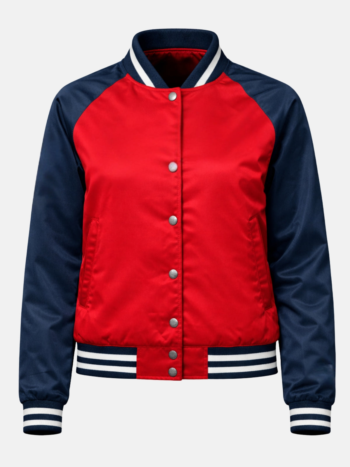 Flat lay front of red satin jacket with navy sleeves and single pocket