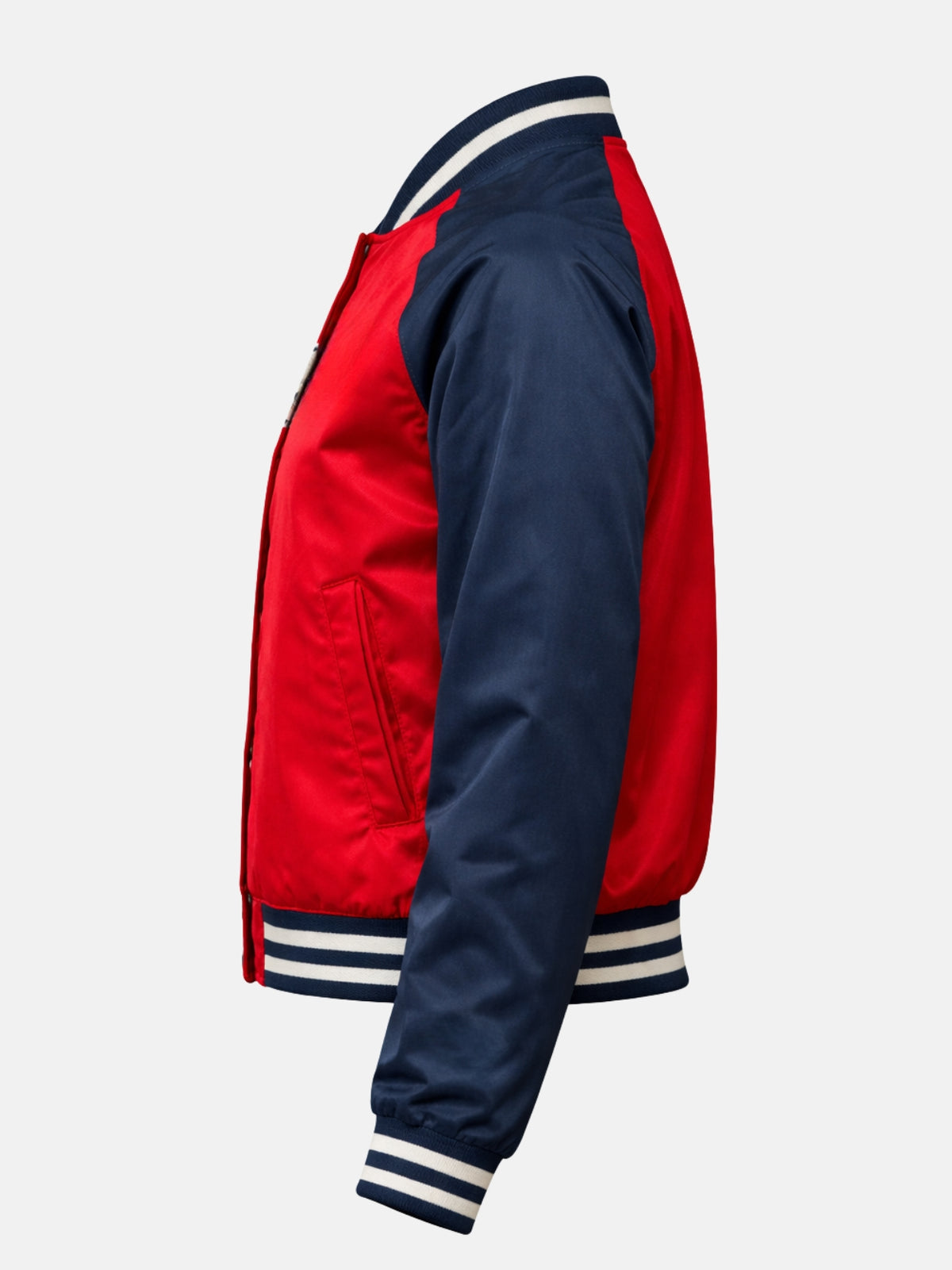Flat lay side view of red satin jacket with embroidered sleeve lettering