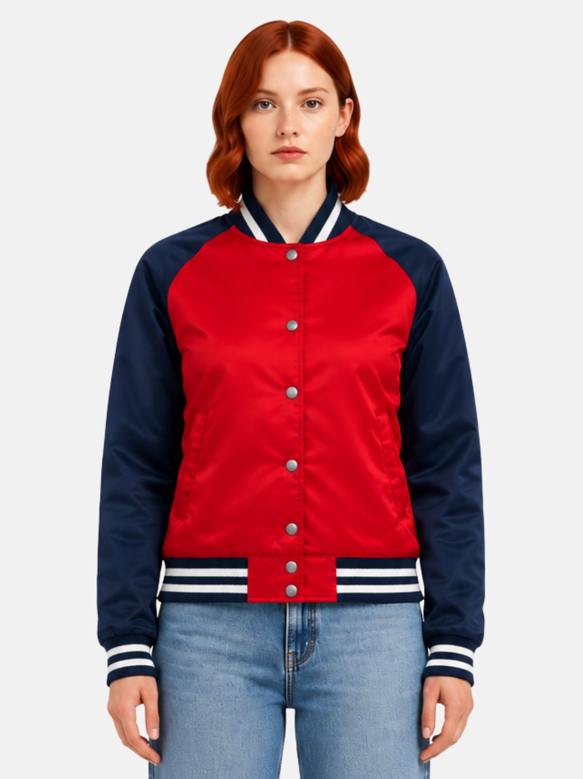 Red and navy satin varsity jacket with ribbed collar and snap closure