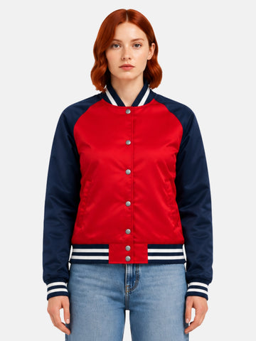 Red and navy satin varsity jacket with ribbed collar and snap closure