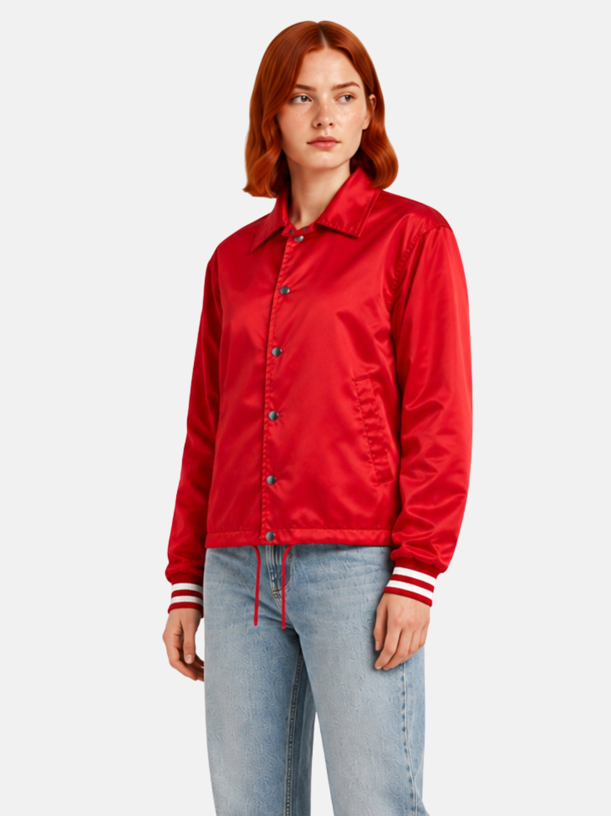 Angled full-body view of red satin coach jacket with drawstring hem