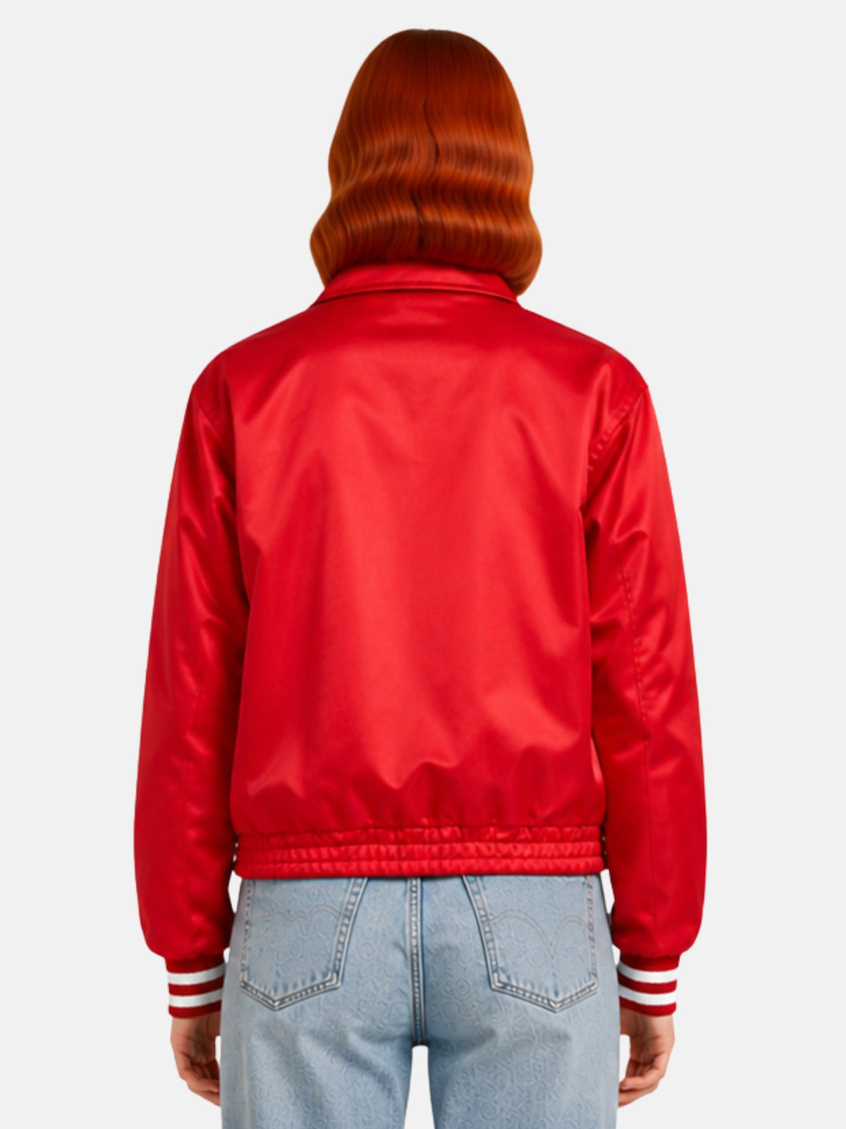 Back view of red satin coach jacket with shoulder yoke seam