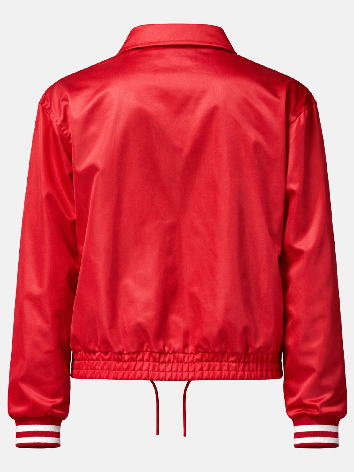 Flat lay back of red satin coach jacket showing shoulder yoke seam