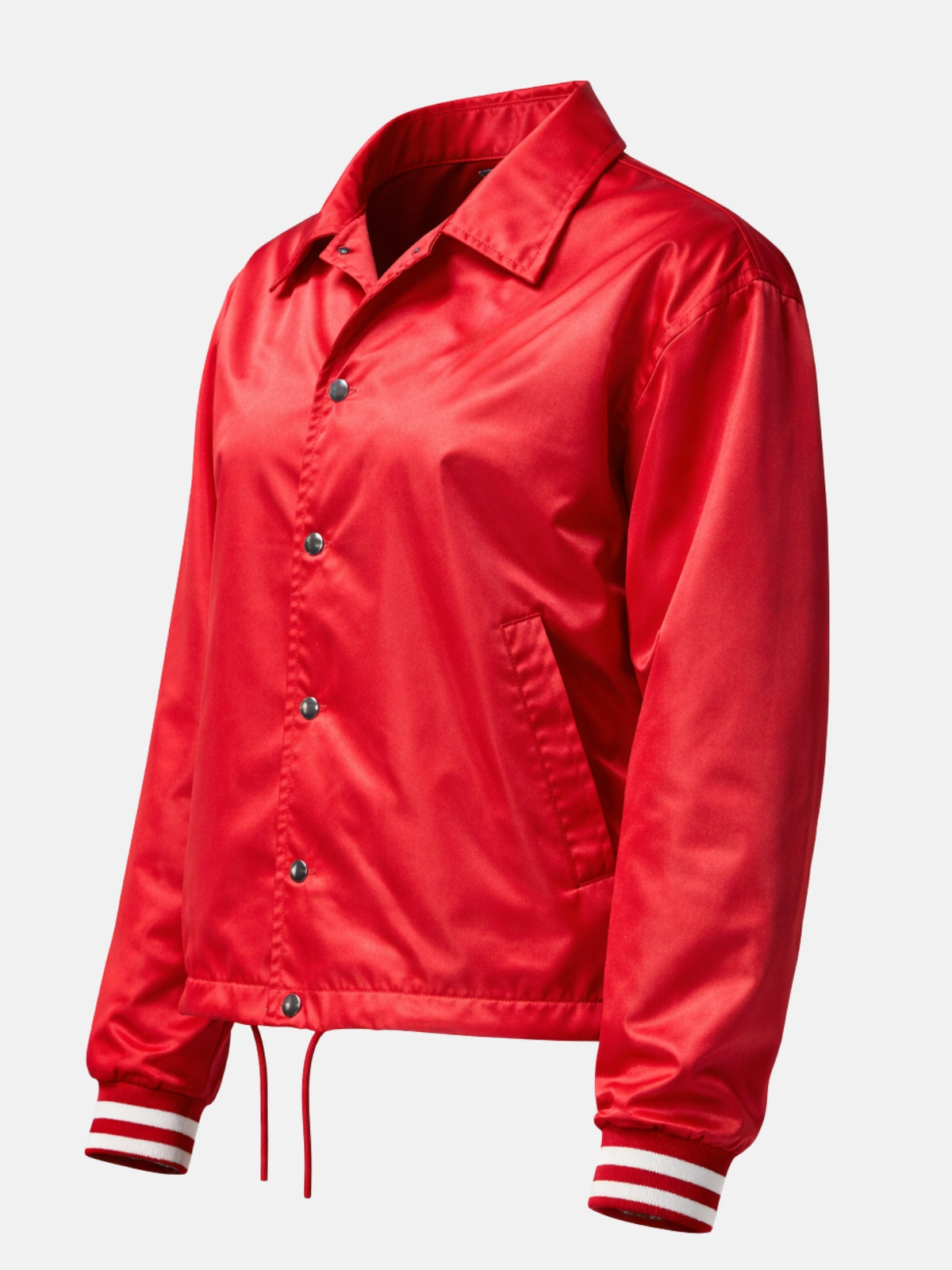 Flat lay front of red satin coach jacket highlighting pointed collar