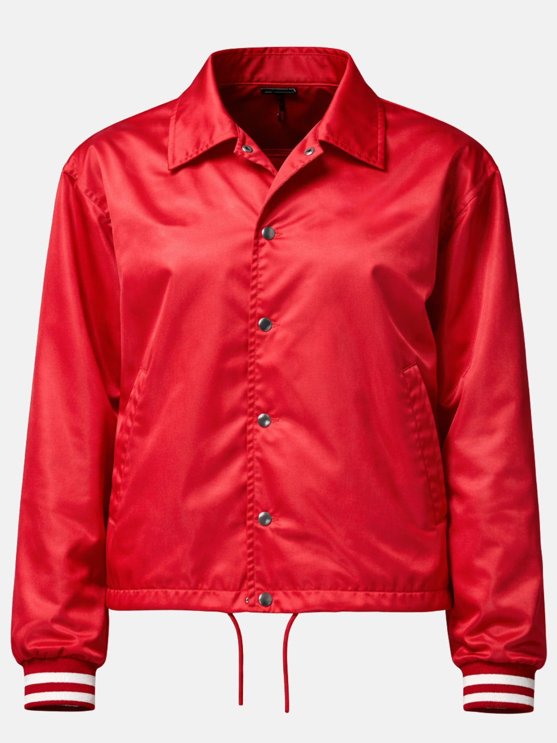 Red satin coach jacket with pointed collar and snap-button front