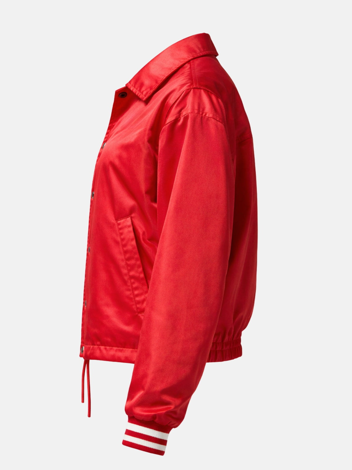 Flat lay side view of red satin coach jacket with ribbed cuff