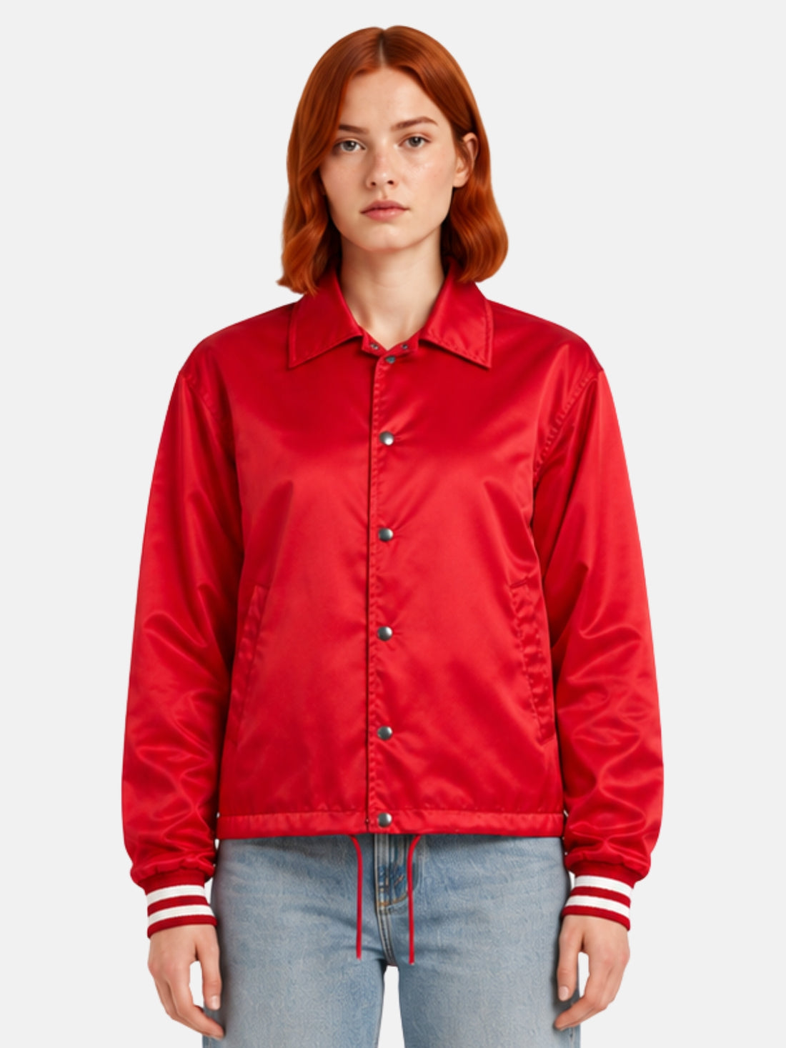 Red satin coach jacket with pointed collar and snap-button front