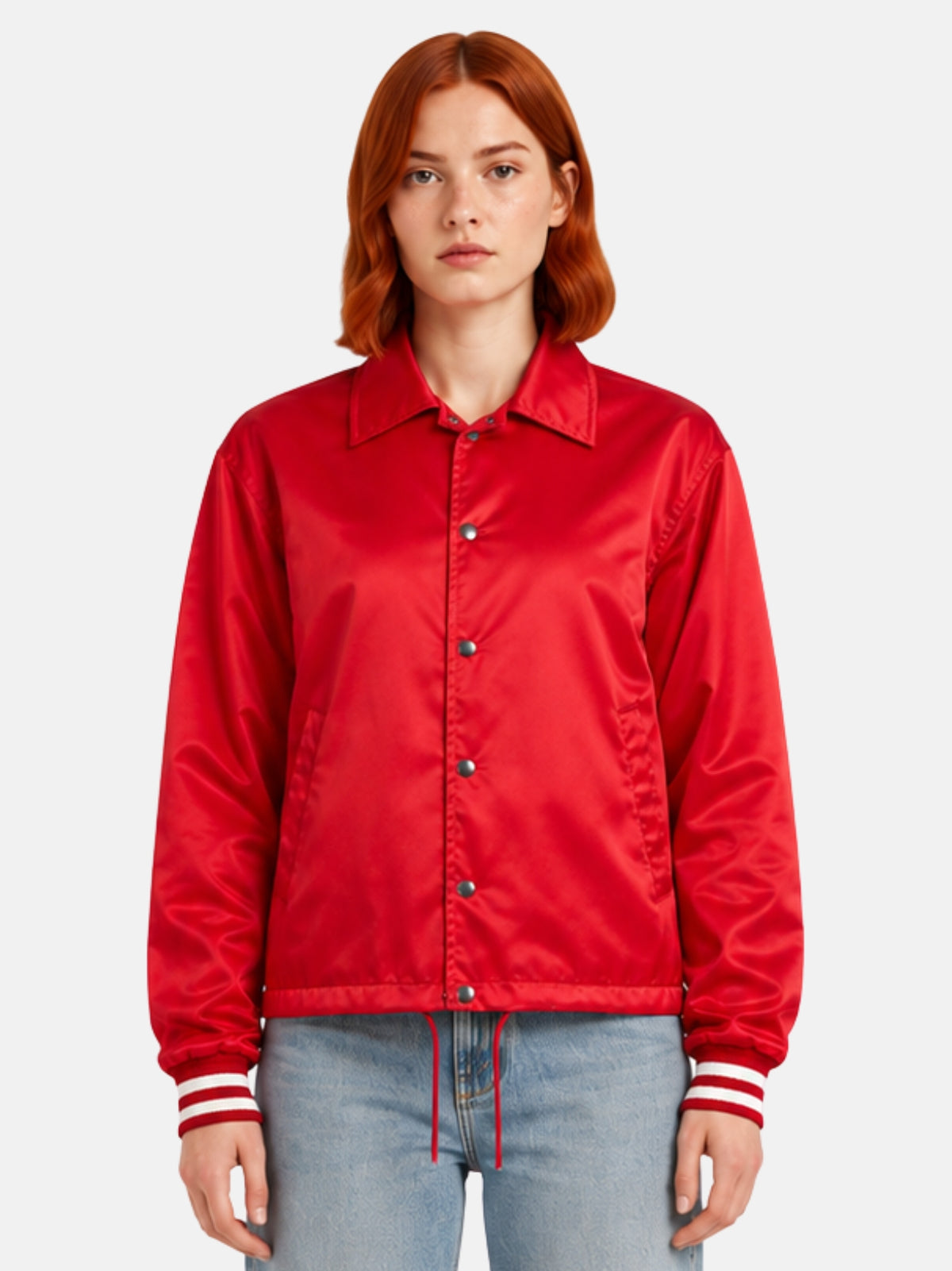 Red satin coach jacket with pointed collar and snap-button front