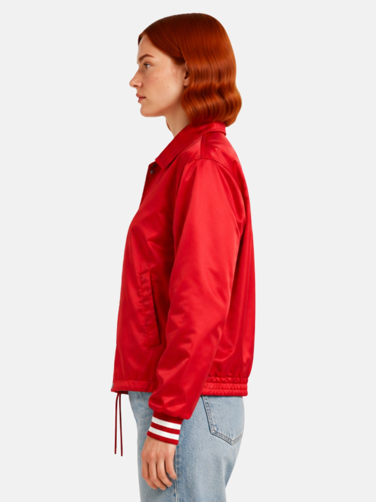 Side profile of red satin coach jacket showing angled welt pocket