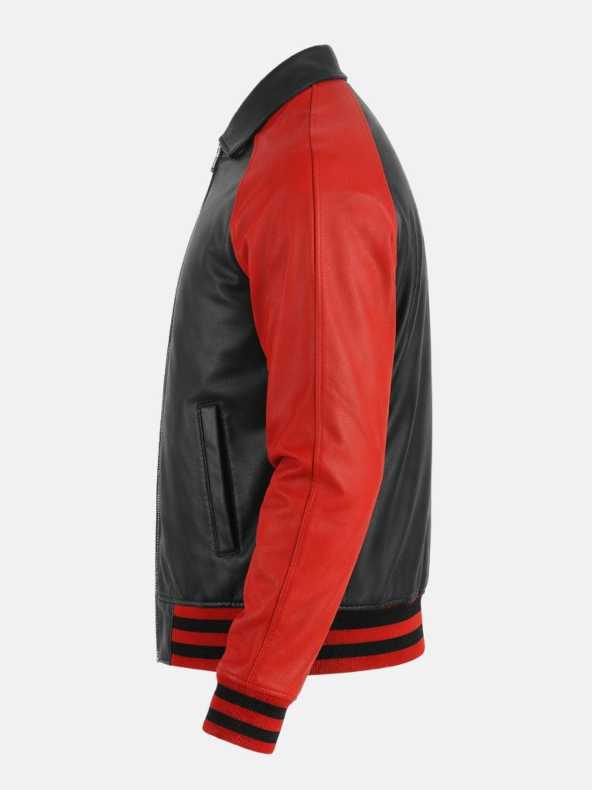Red raglan sleeve on black leather varsity jacket, side profile