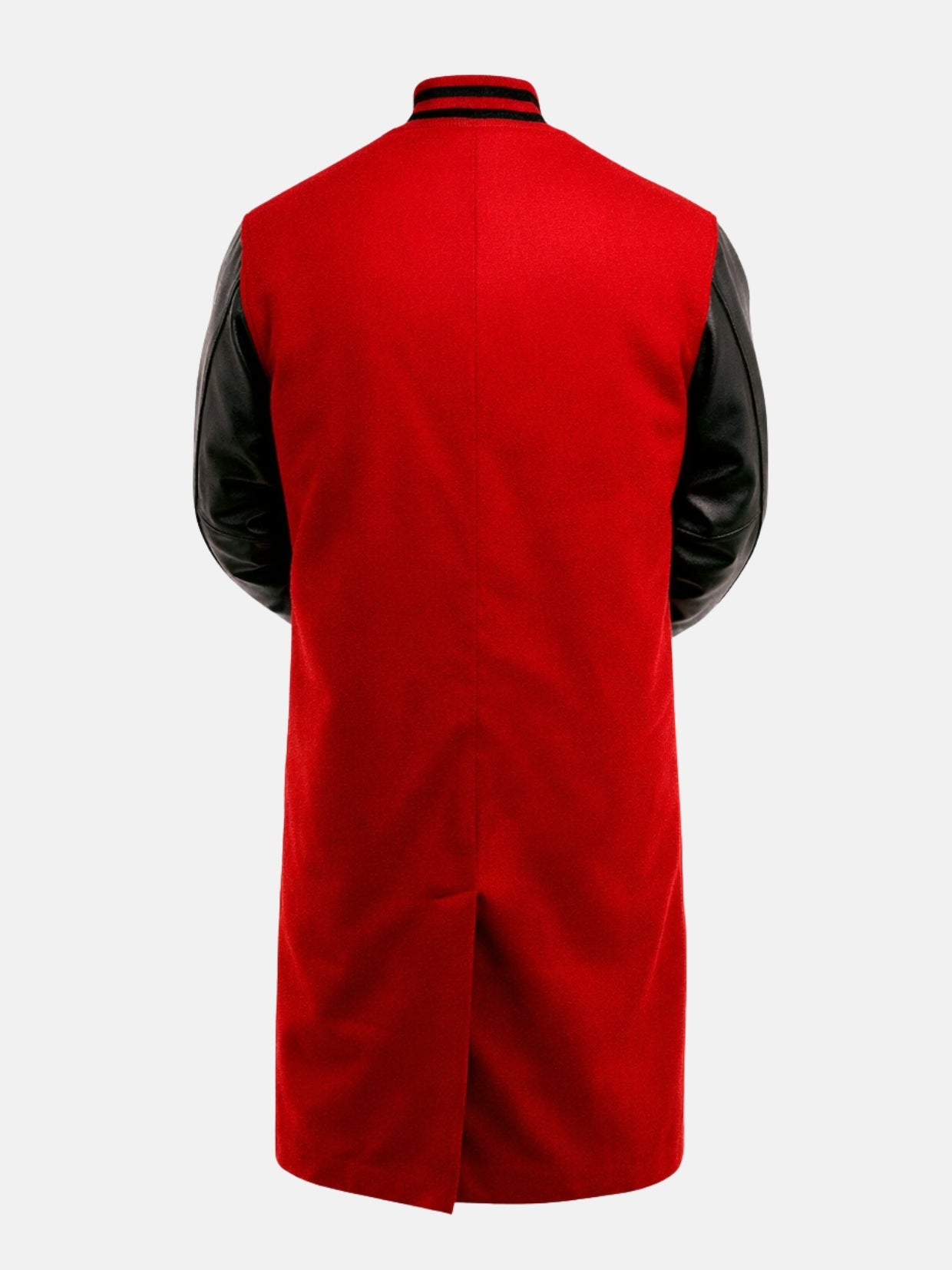 Back of red wool varsity coat with center vent and striped rib collar
