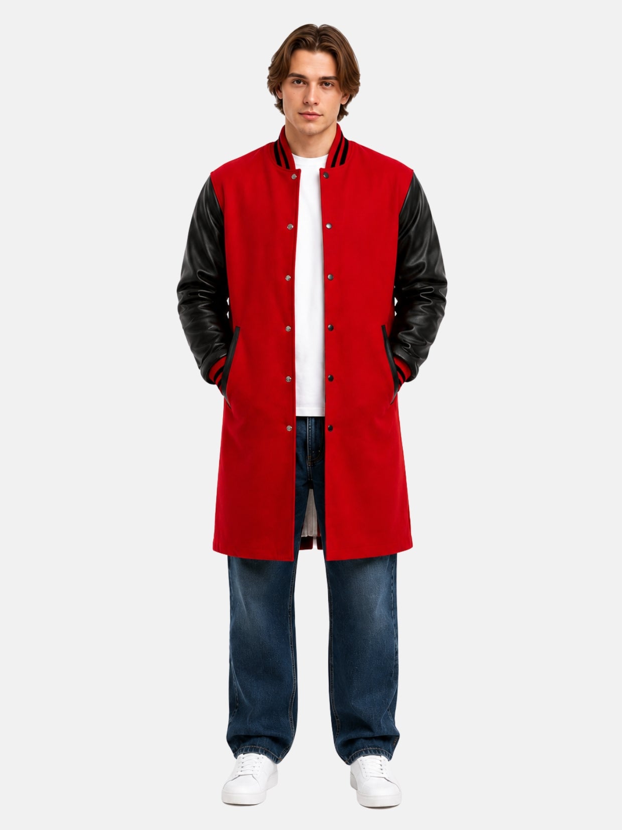 Man wearing knee-length red wool varsity coat with black leather sleeves and striped rib collar