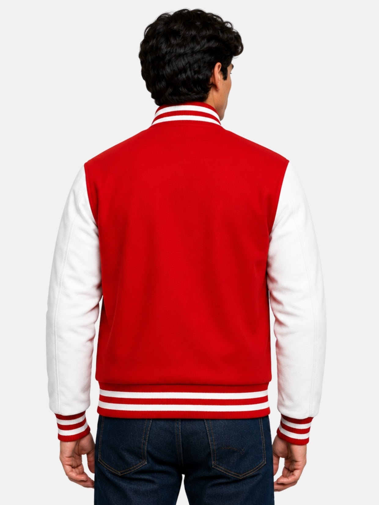 Model showing plain red back panel of varsity jacket with white leather sleeves