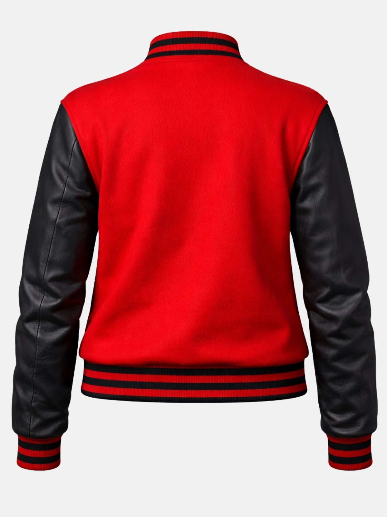 Flat back shot of red wool varsity jacket with black leather sleeves and striped hem