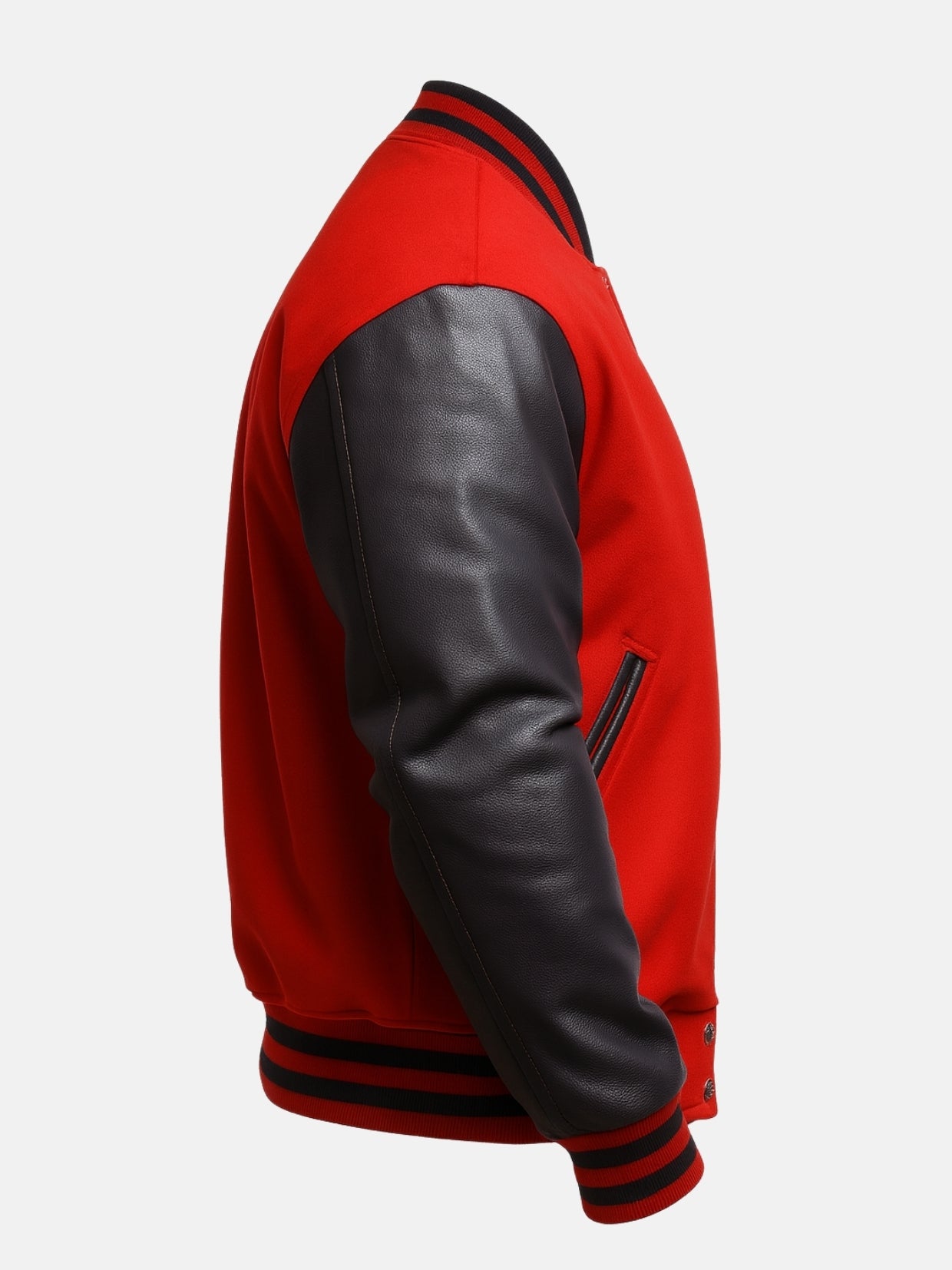 Black leather-piped welt pocket on red melton wool varsity jacket, side view