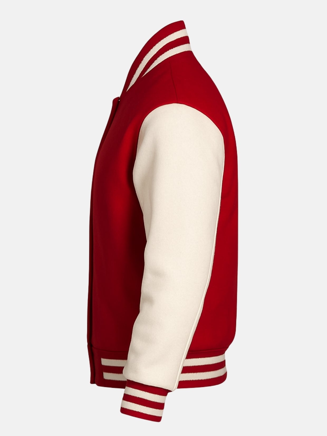Flat side view of red varsity jacket showing cream welt trim and striped hem