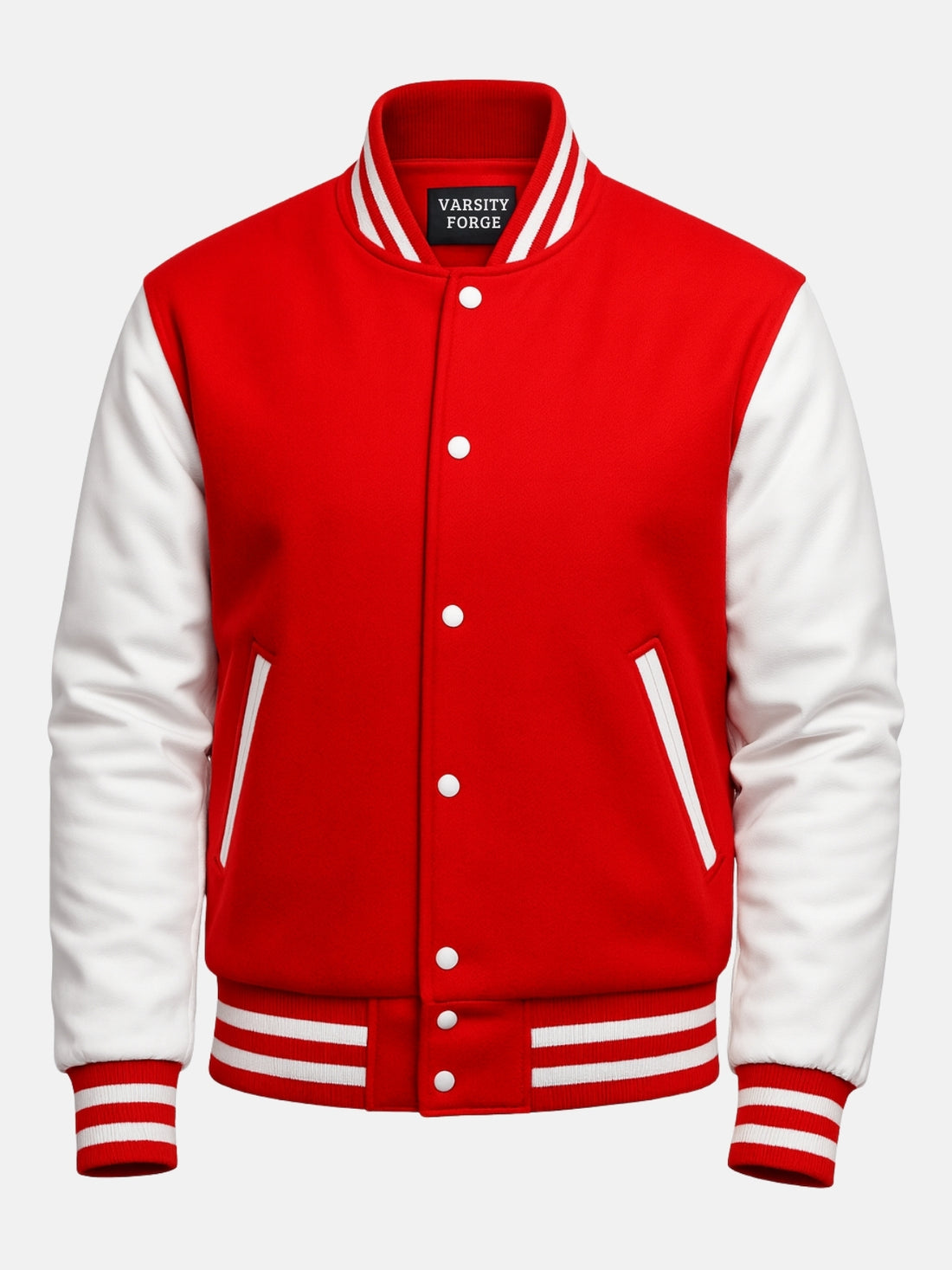 Man wearing red varsity jacket with white leather sleeves and striped collar, size Medium