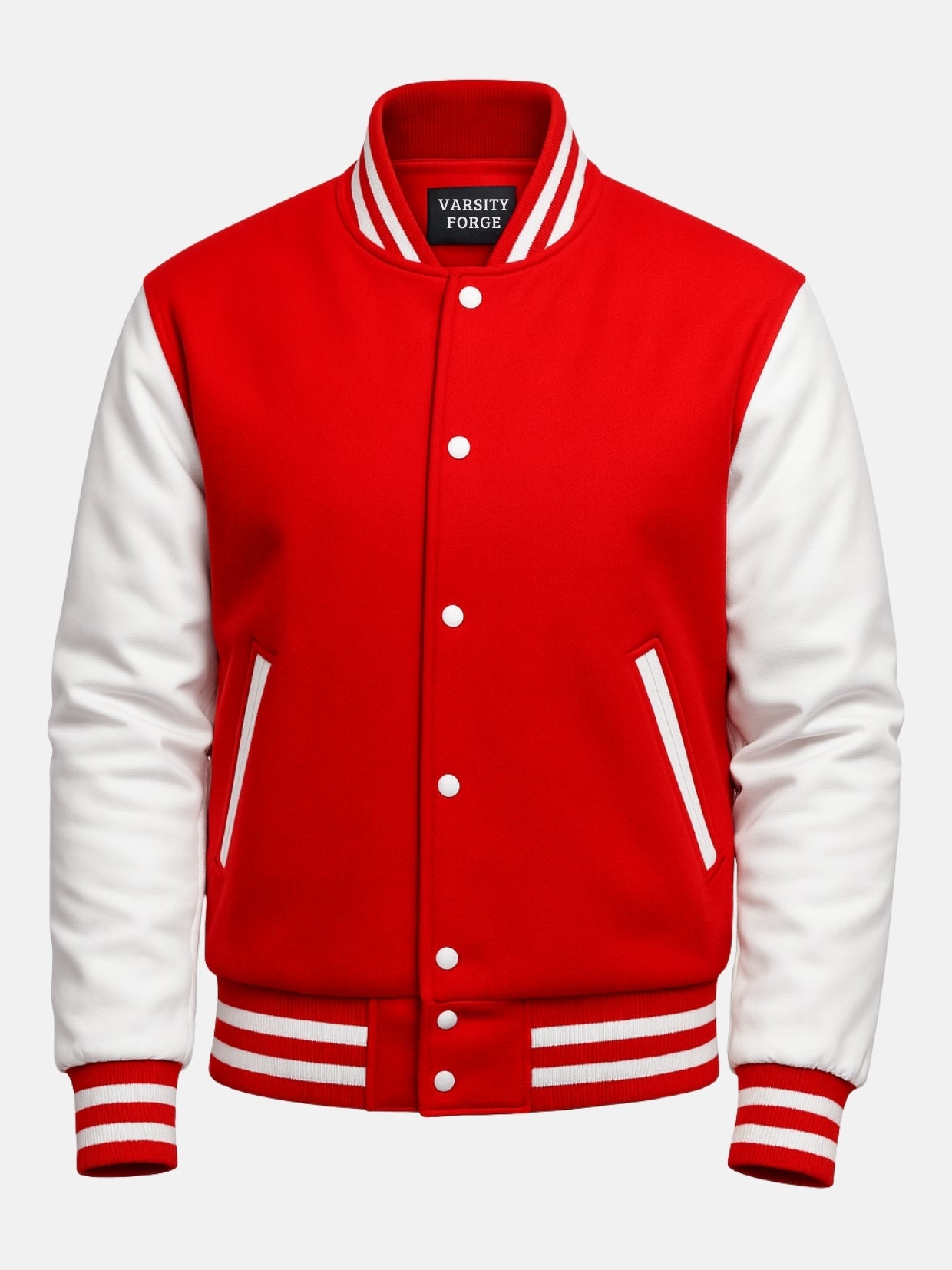 Red varsity jacket with white snaps, striped rib trims and Varsity Forge neck label, front view