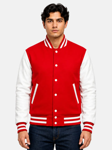 Man wearing red varsity jacket with white leather sleeves and striped collar, size Medium