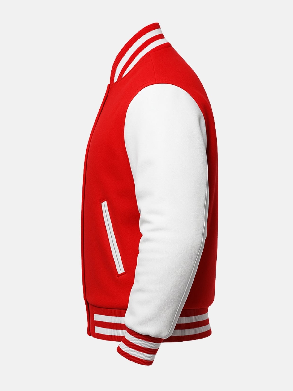 White top grain cowhide sleeve with red and white striped knit cuff on wool varsity jacket