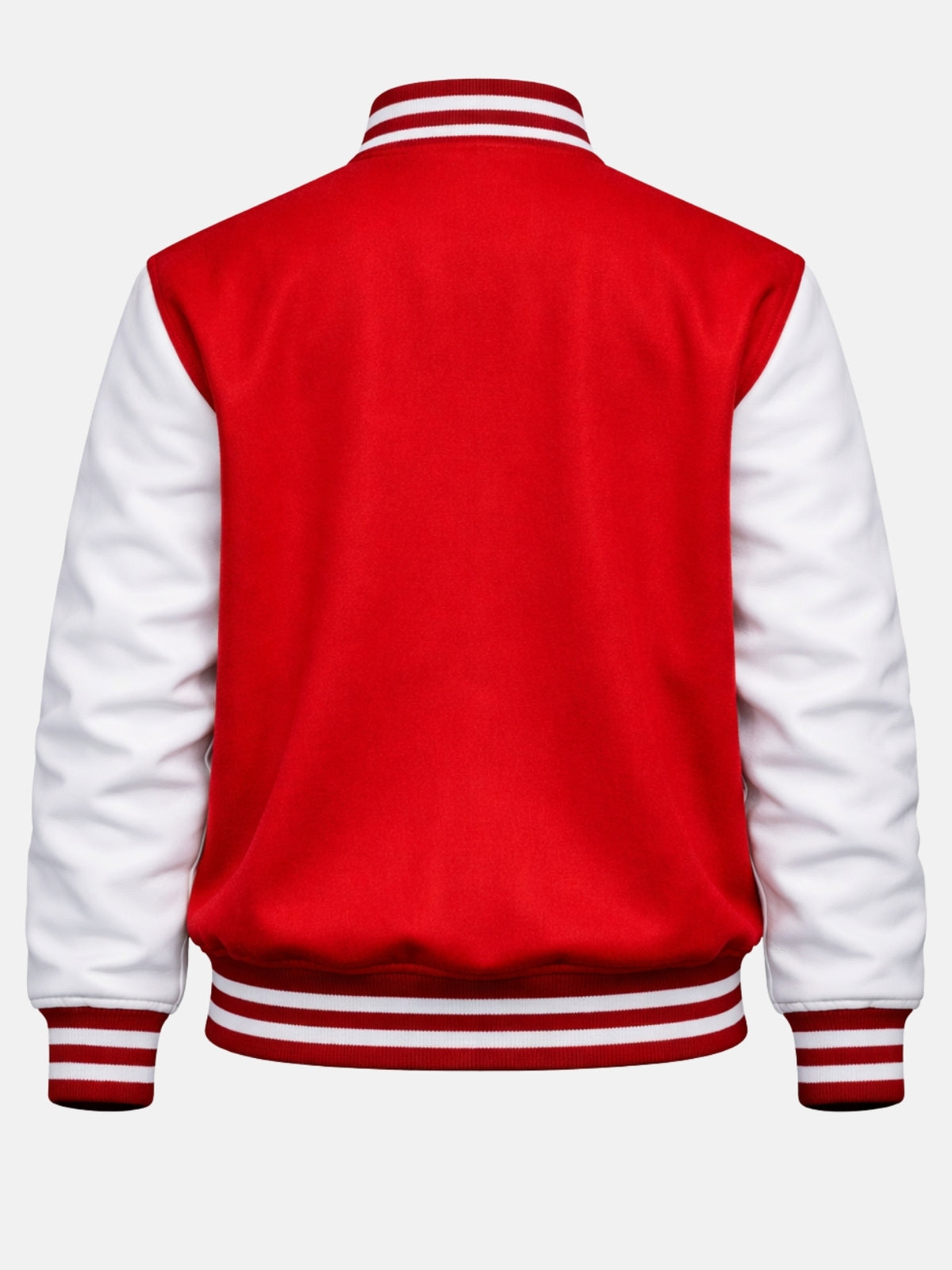 Flat back shot of red wool varsity jacket with white leather sleeves