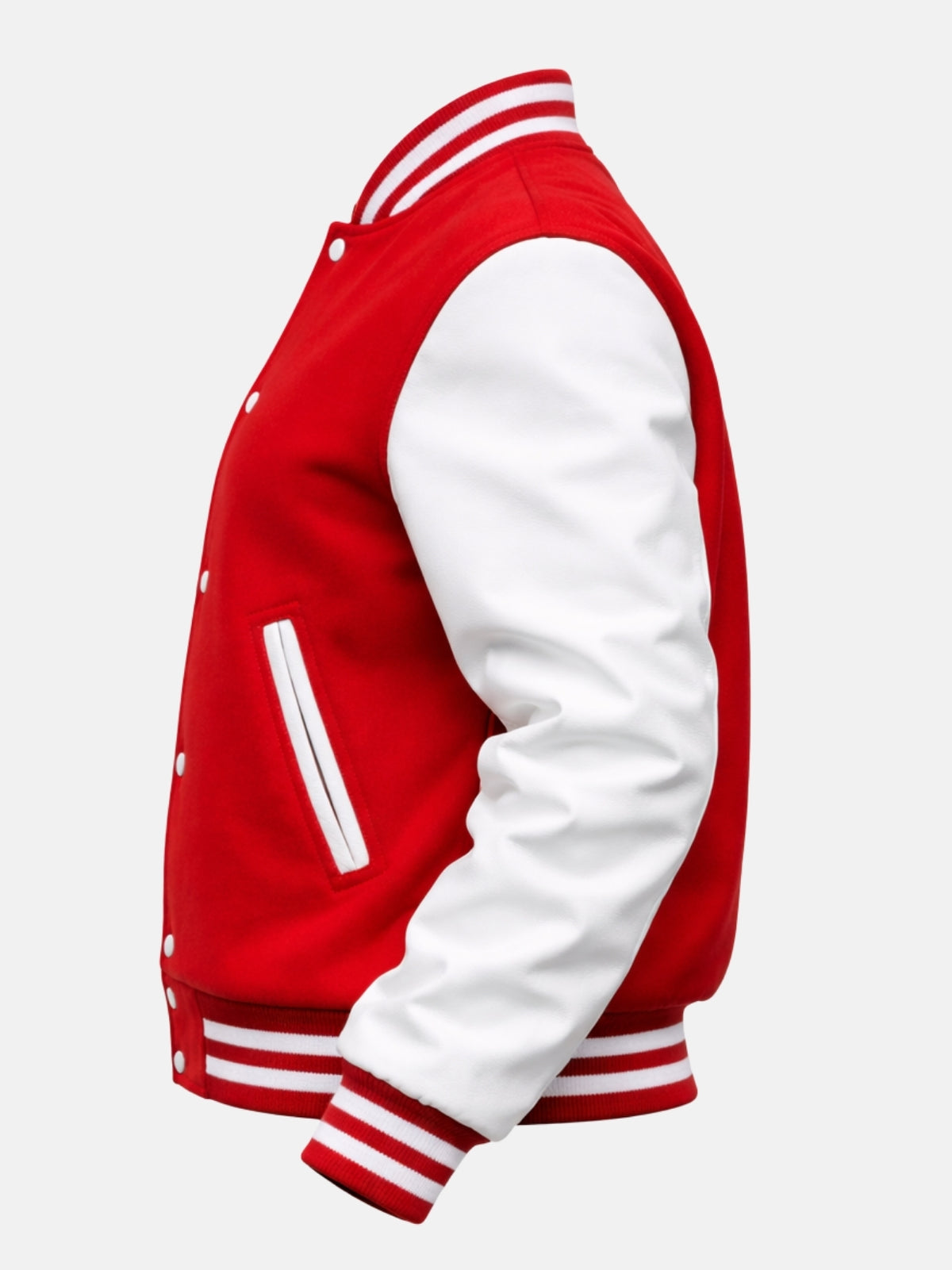 Side flat view of red varsity jacket showing white welt trim and striped hem