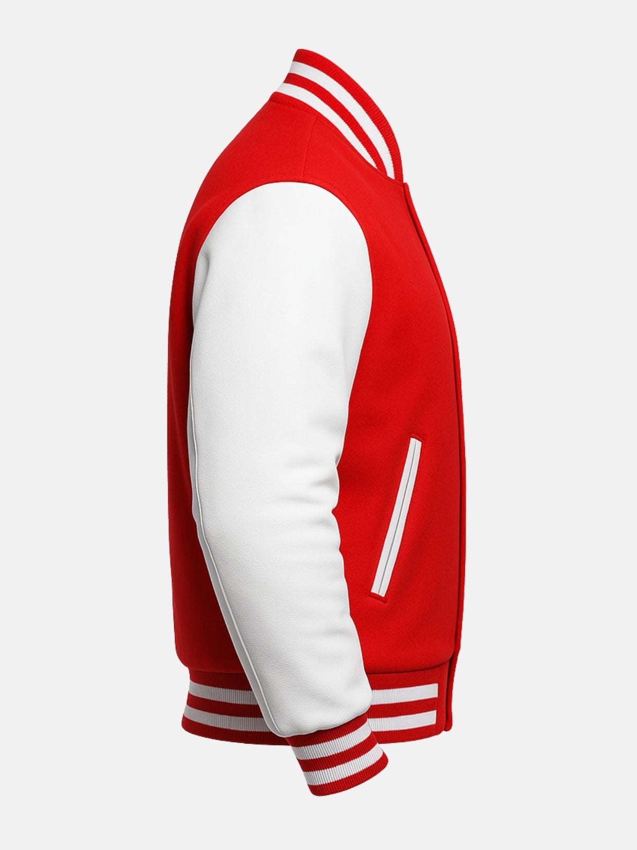 White leather-piped welt pocket on scarlet melton wool varsity jacket, side view
